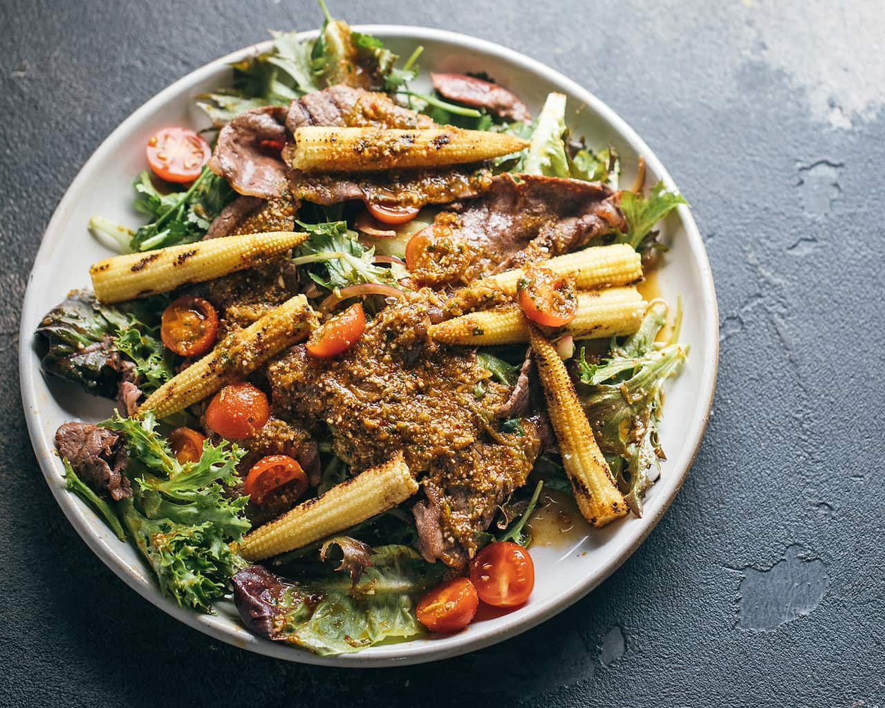 Chargrilled baby corn and wagyu salad