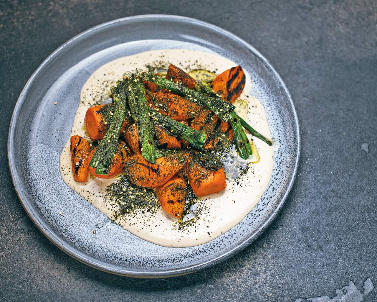 Charred carrots with tahini and furikake