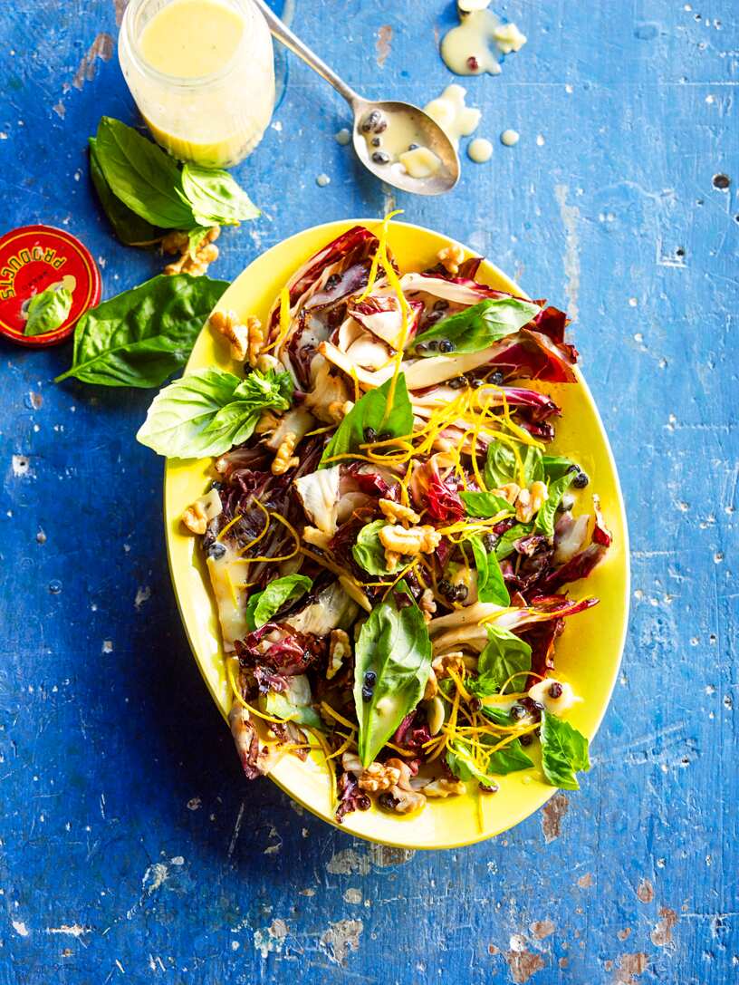 Charred radicchio salad with orange and walnut dressing