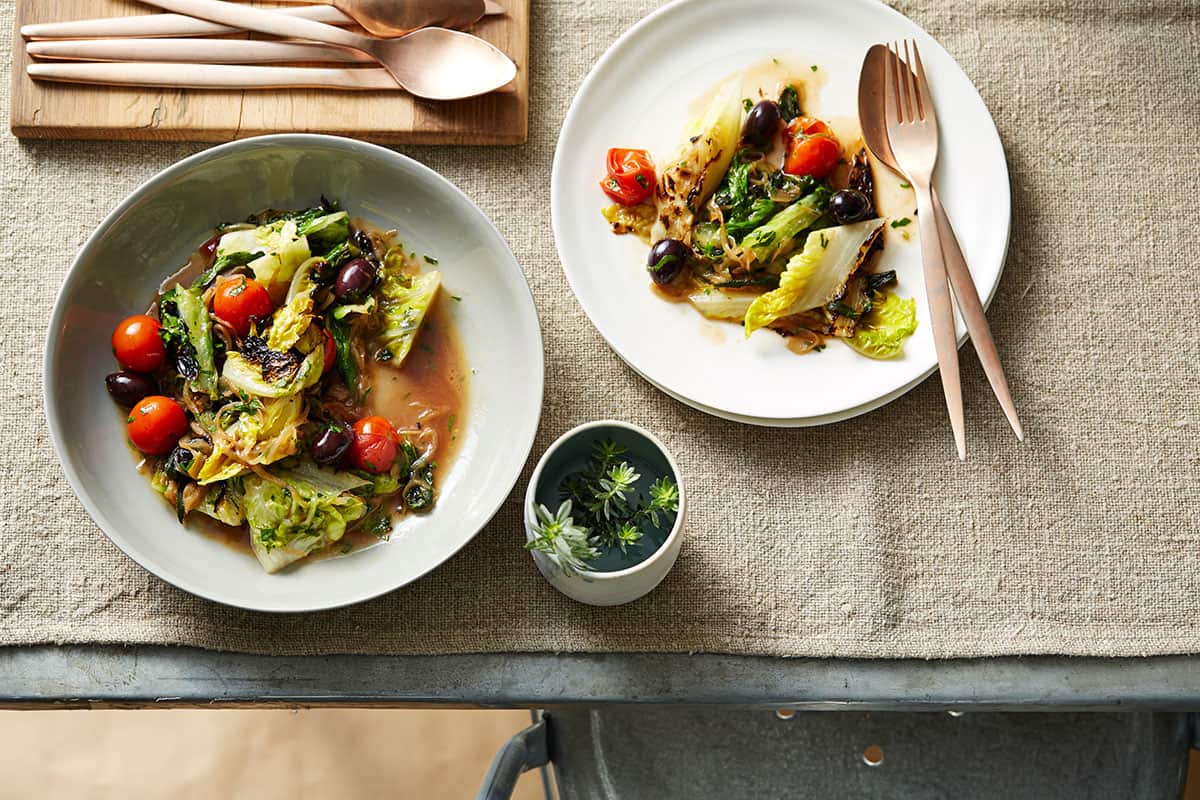 Charred cos, kalamata olives and tomato