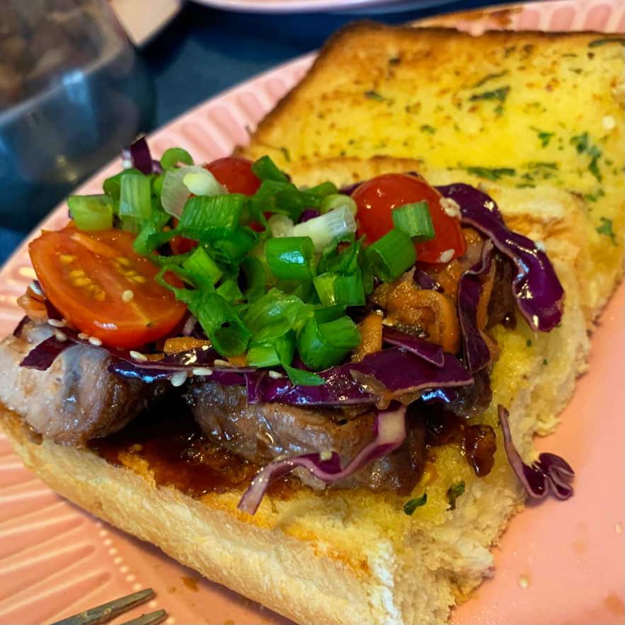 Garlic bread topped with char siu