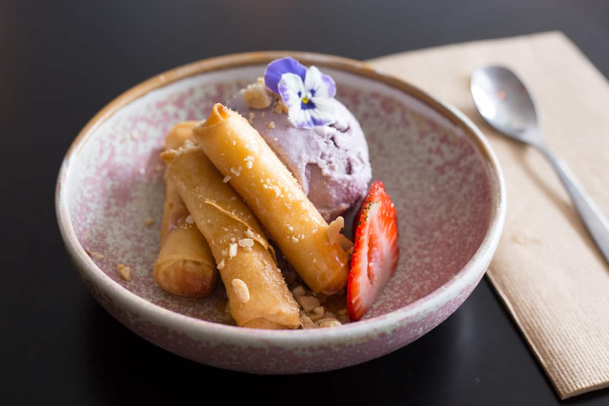 Chibog The classic leche flan is deep-fried with sweet purple yam inside crunchy spring rolls.