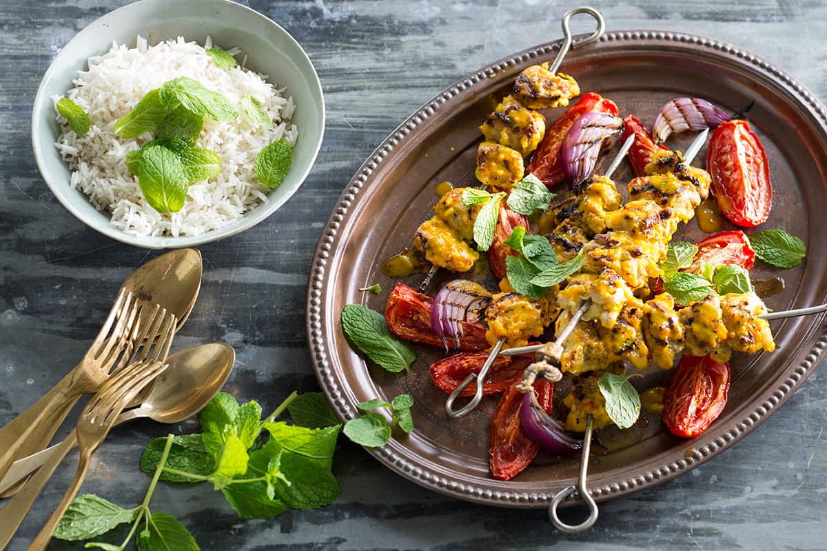 Chicken, lemon and saffron kebab (joojeh kabab)