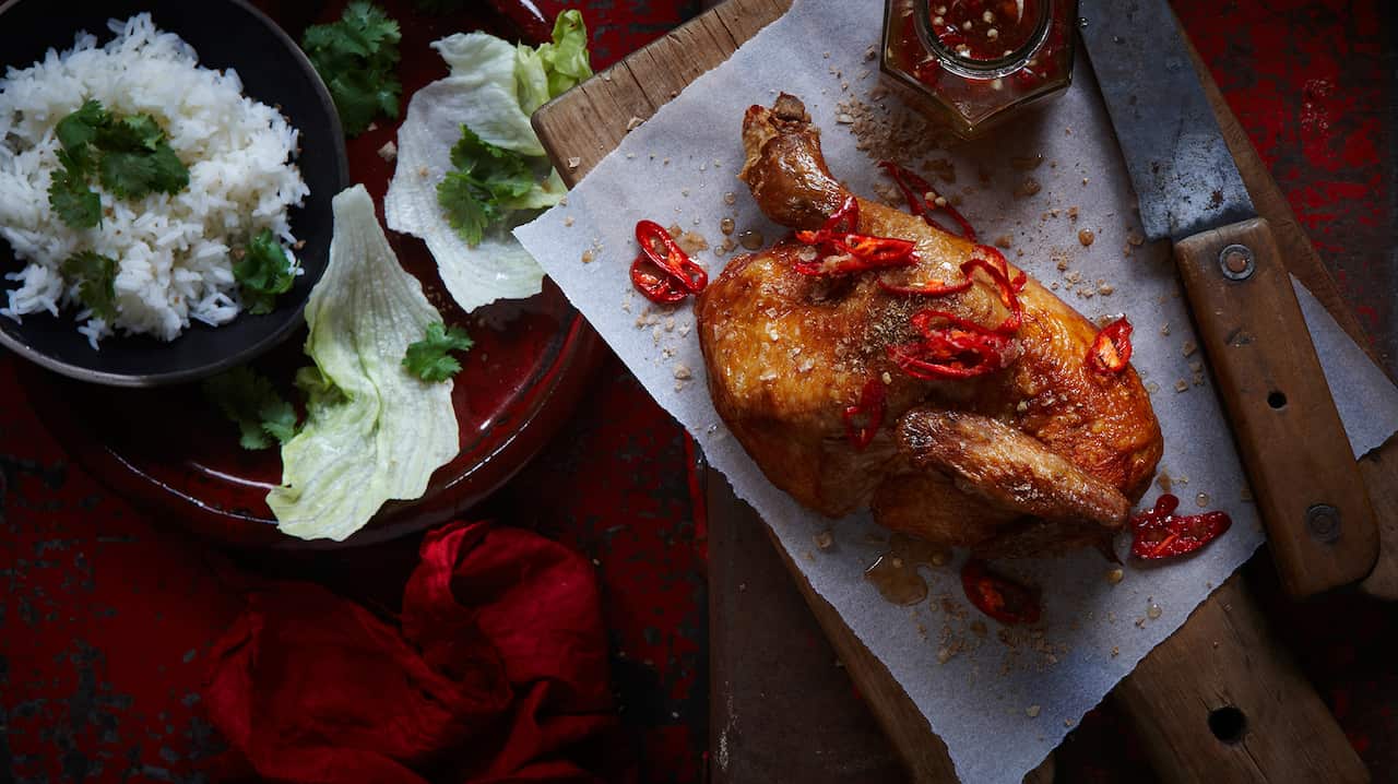 Crispy skin chicken with five-spice salt and sweet vinegar dressing