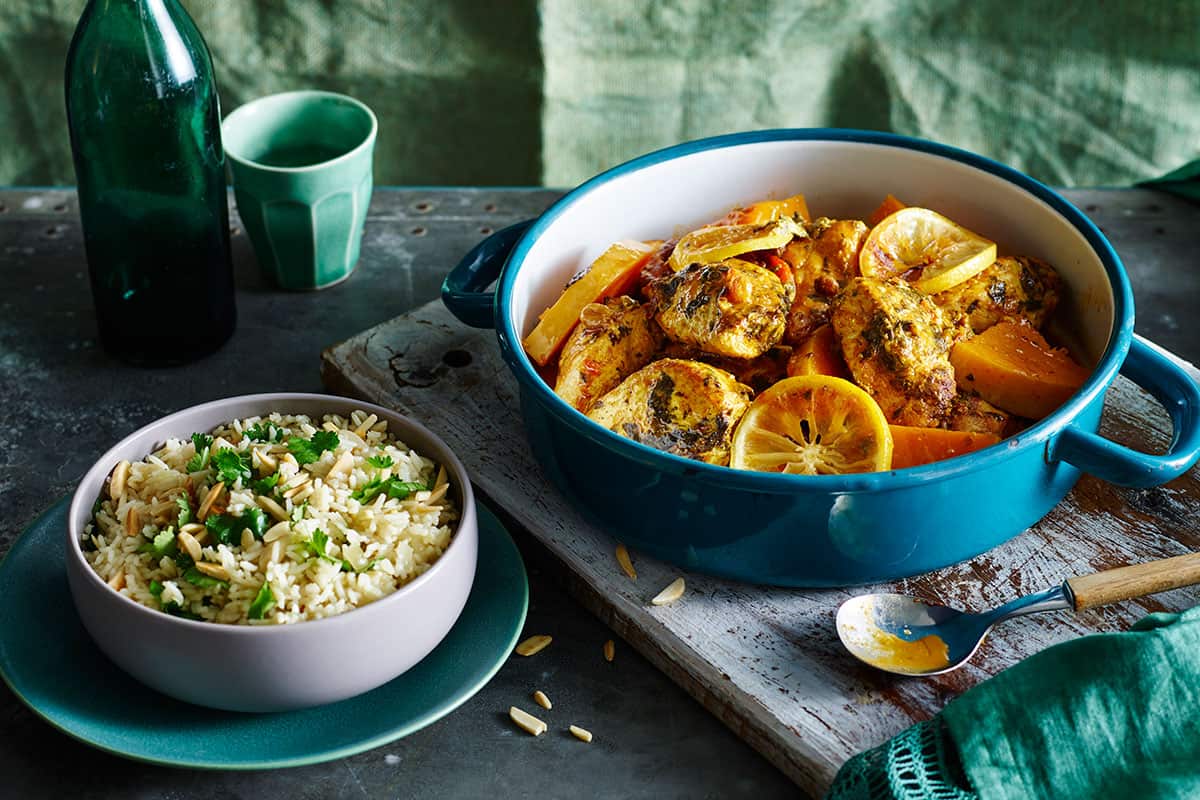 Chicken pumpkin tagine with almond pilaf