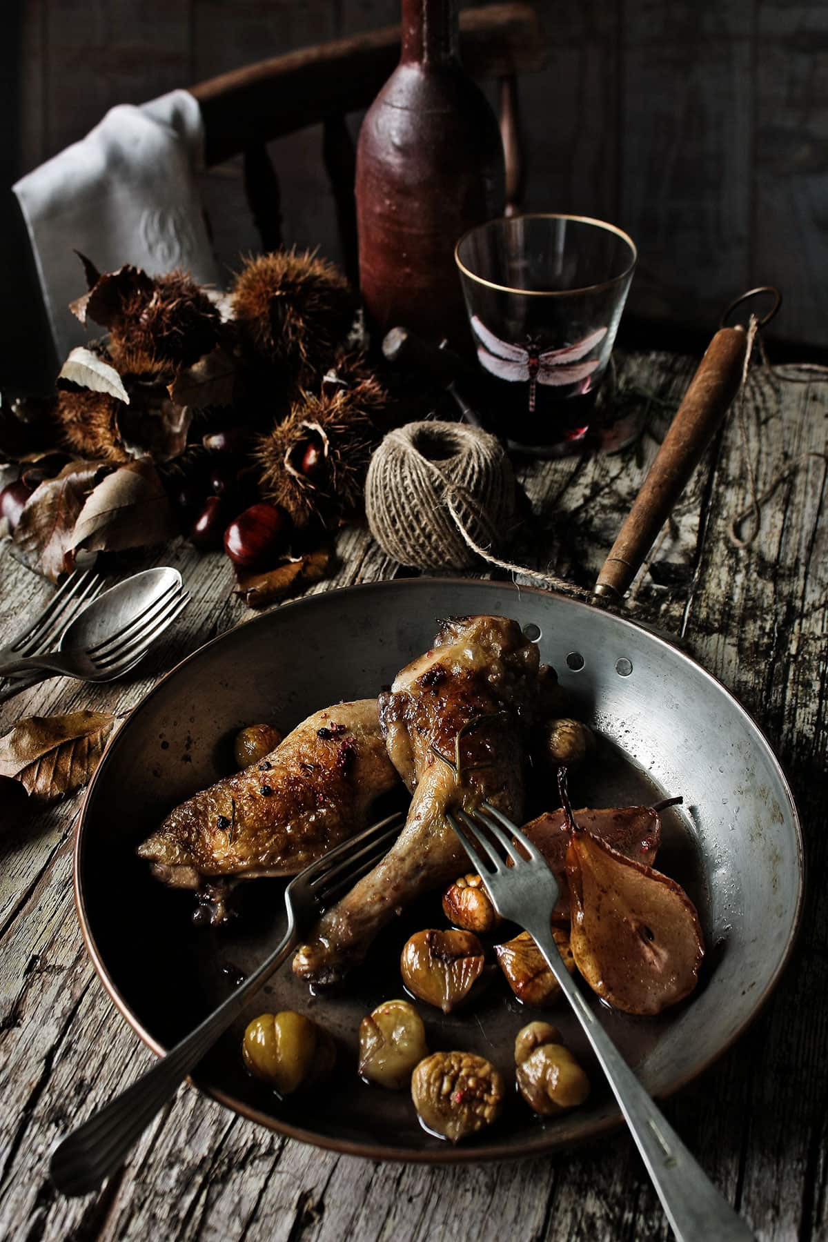 Chicken thighs with pears, chestnuts and port