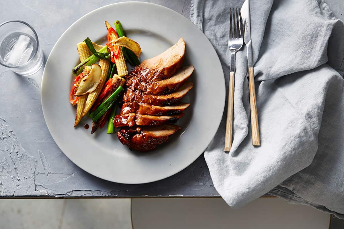 Chinese roasted pork with baby corn and chilli