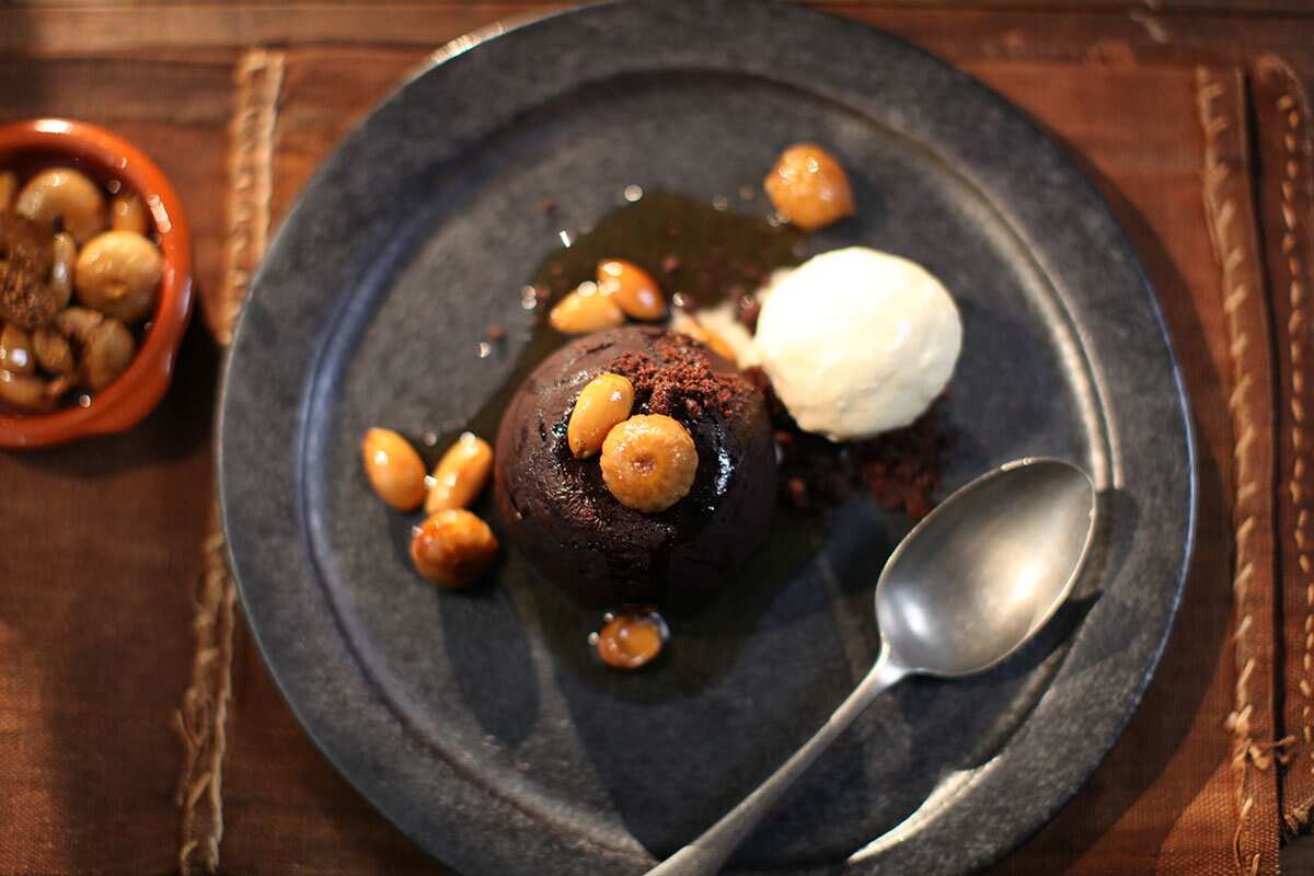 Chipotle chocolate fondant with almond milk ice-cream