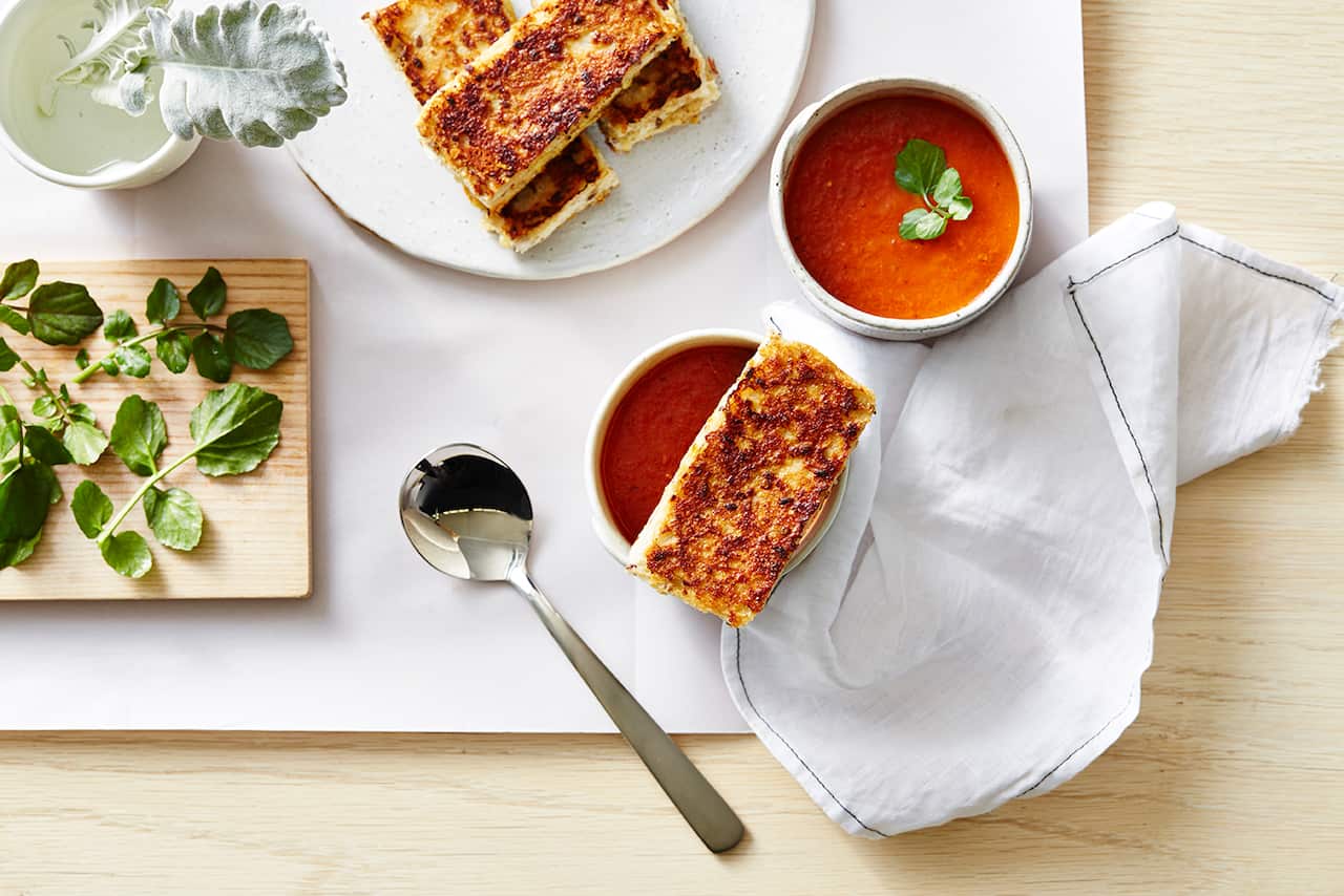 Chipotle roasted tomato soup with grilled cheese fingers