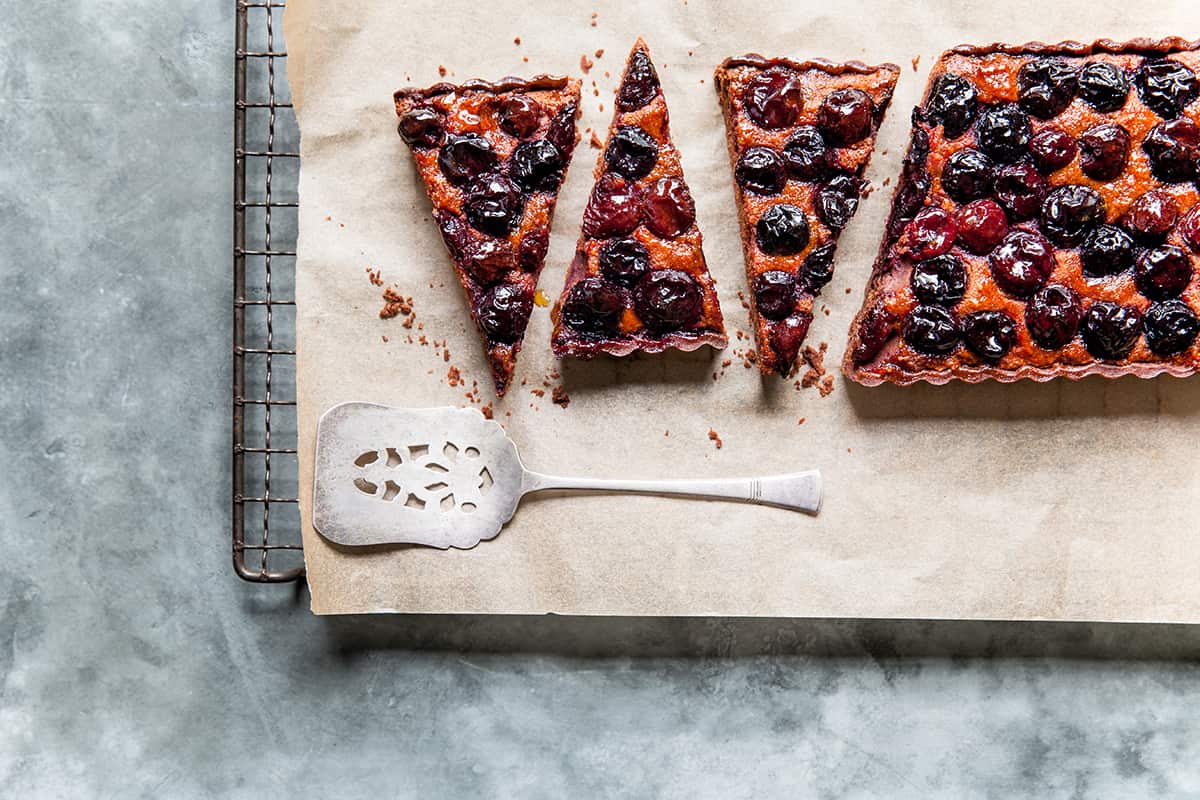 Chocolate frangipane and cherry tart