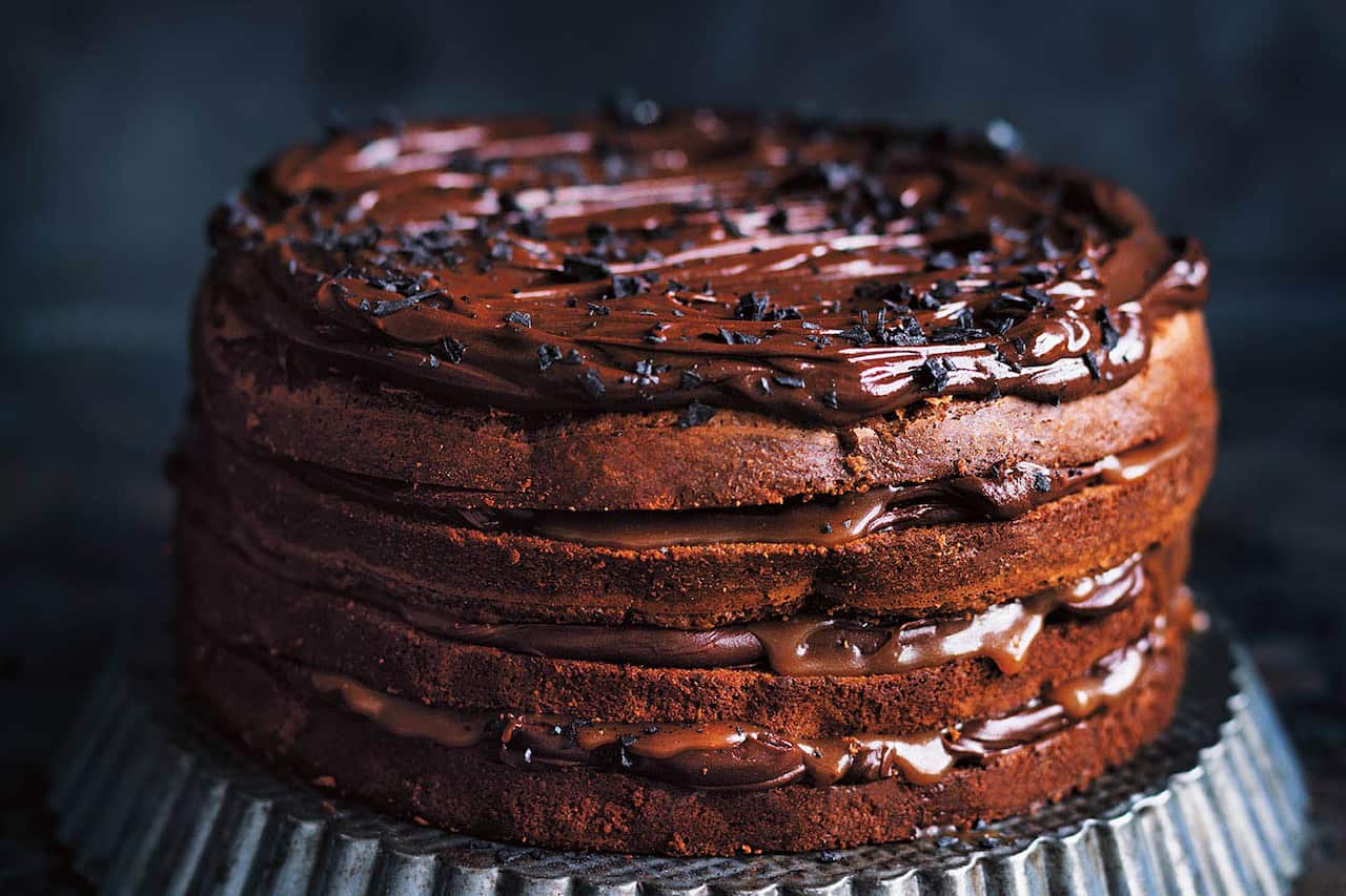 Chocolate fudge and salted caramel layer cake