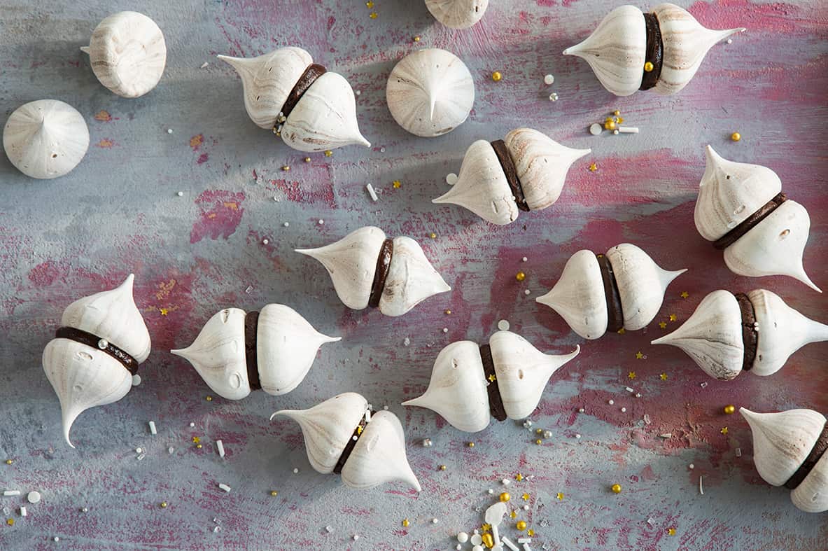 Chocolate swirl meringue kisses with caramel ganache