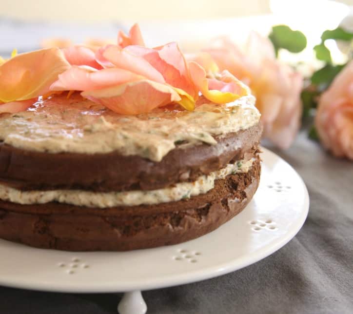 Chocolate cloud cake with nut cream and rose petals