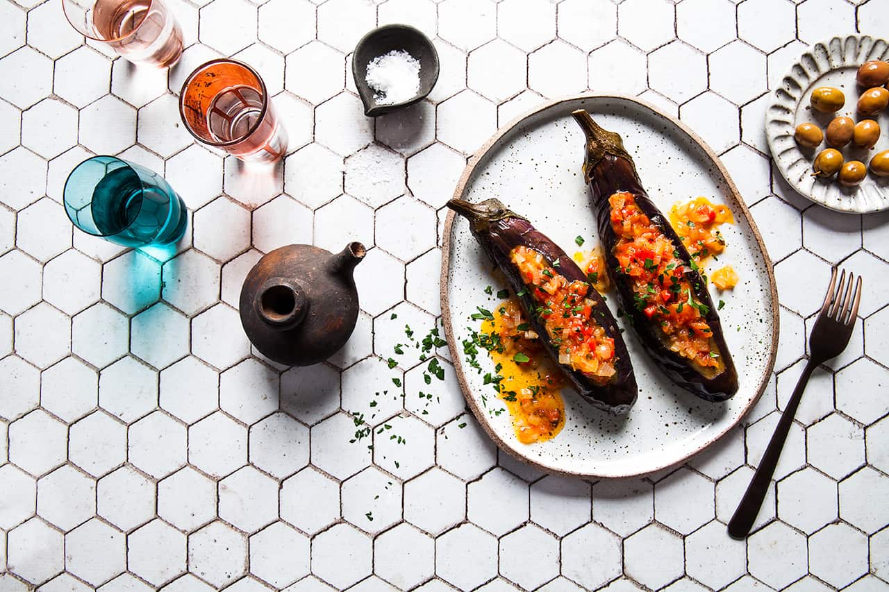 Turkish stuffed eggplant (striped imam bayildi)