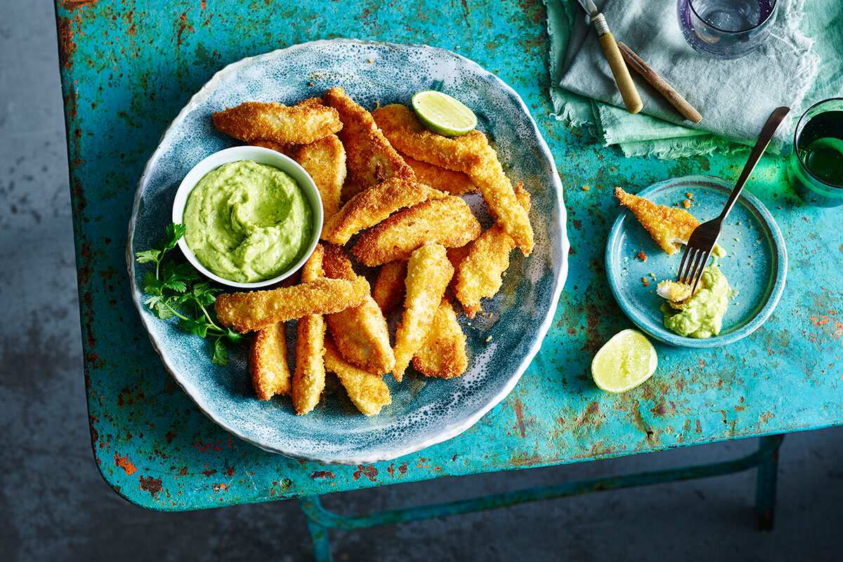 Coconut chicken strips with avocado dipping sauce