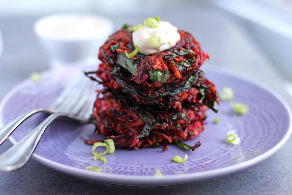 Confetti latkes with harissa sour cream