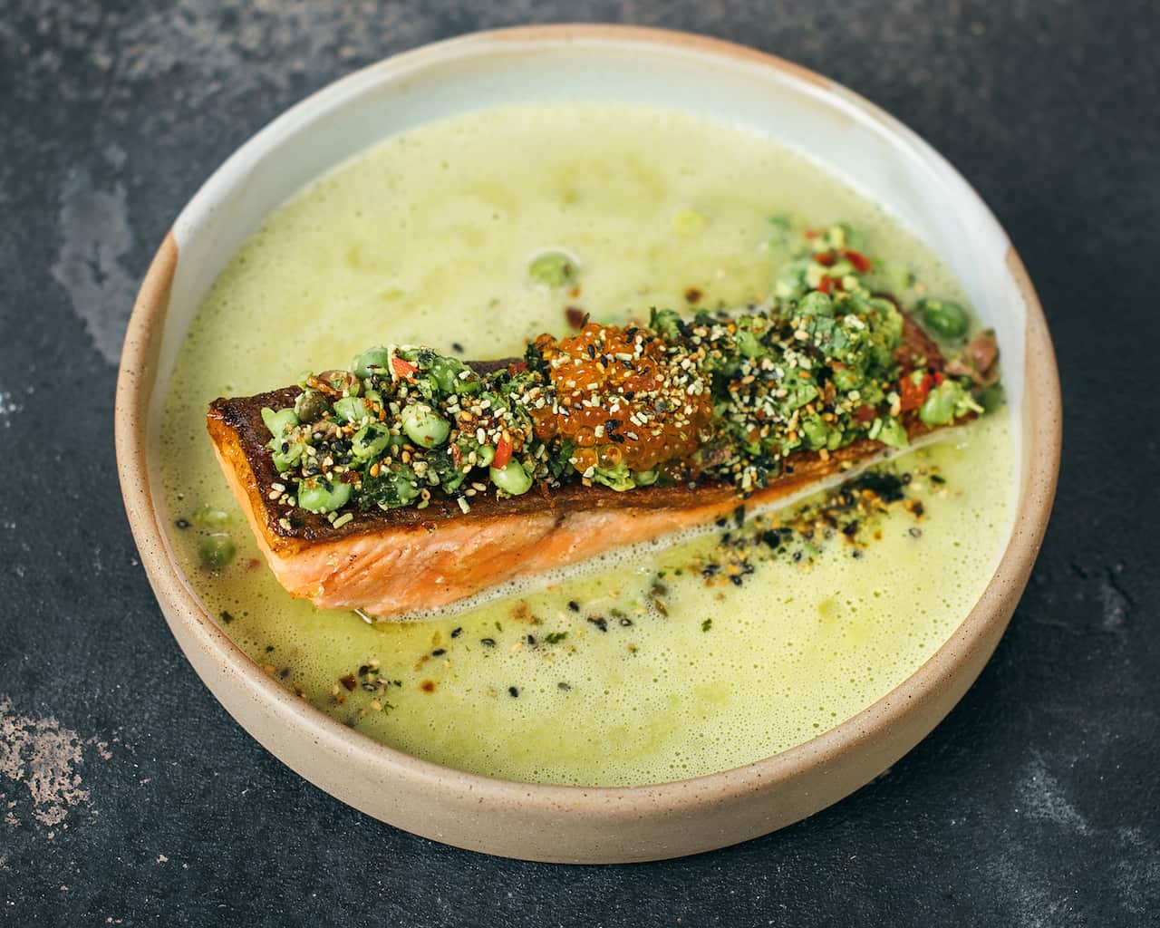 Crisp-skinned ocean trout with raw pea salsa