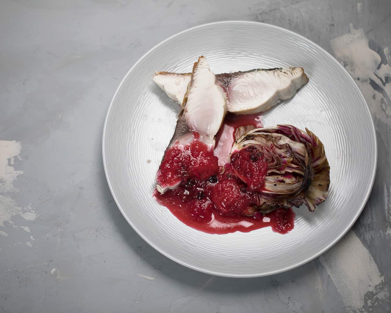 Crisp-skinned Spanish mackerel with plum agrodolce