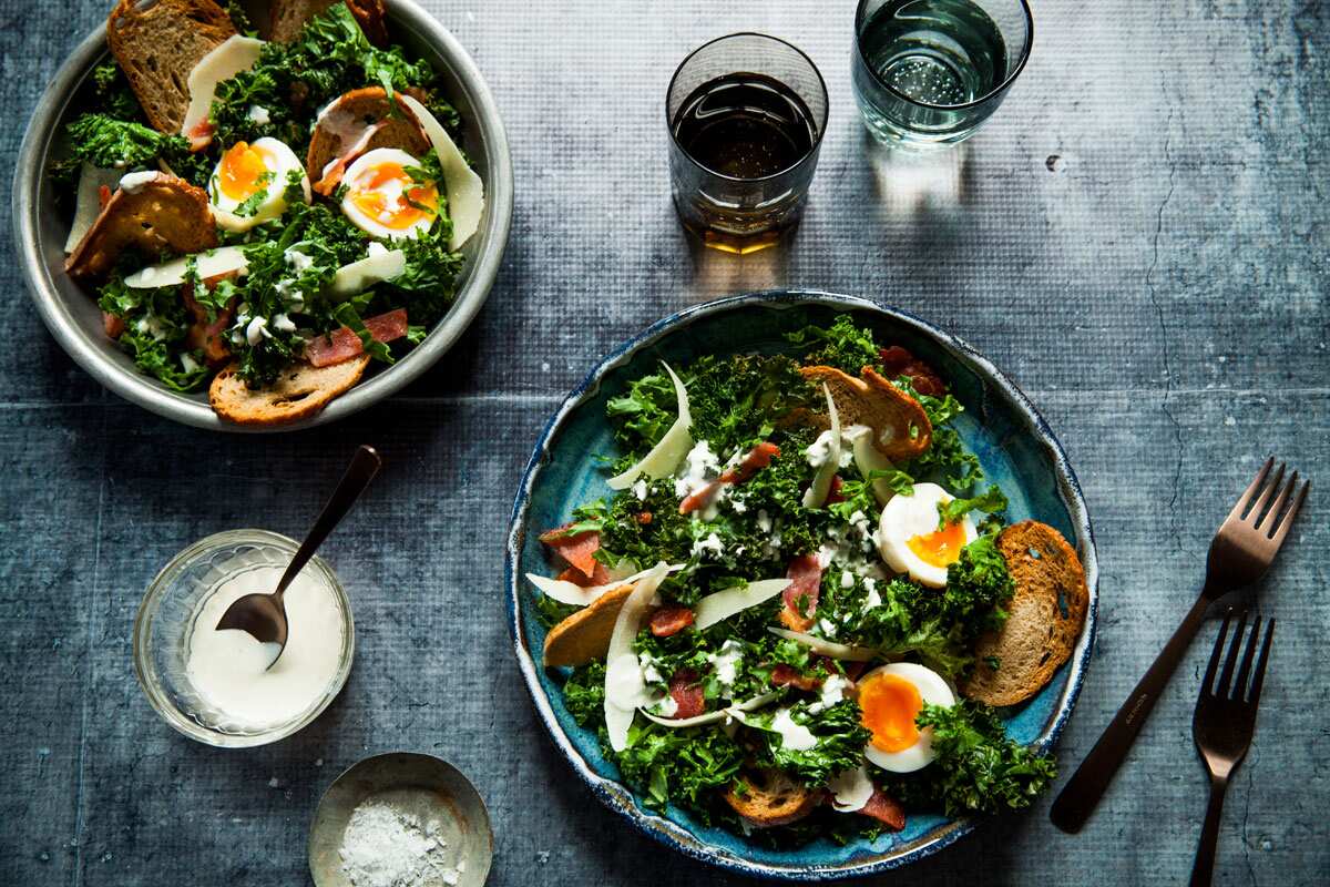 Crispy kale Caesar salad with maple roasted bacon