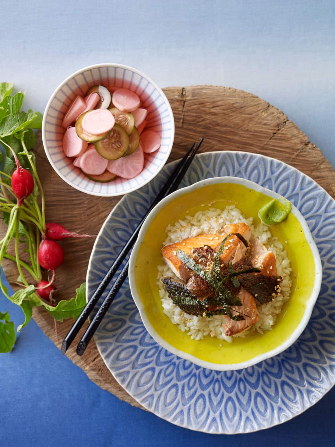 Cucumber radish and daikon pickles with green tea rice and salmon