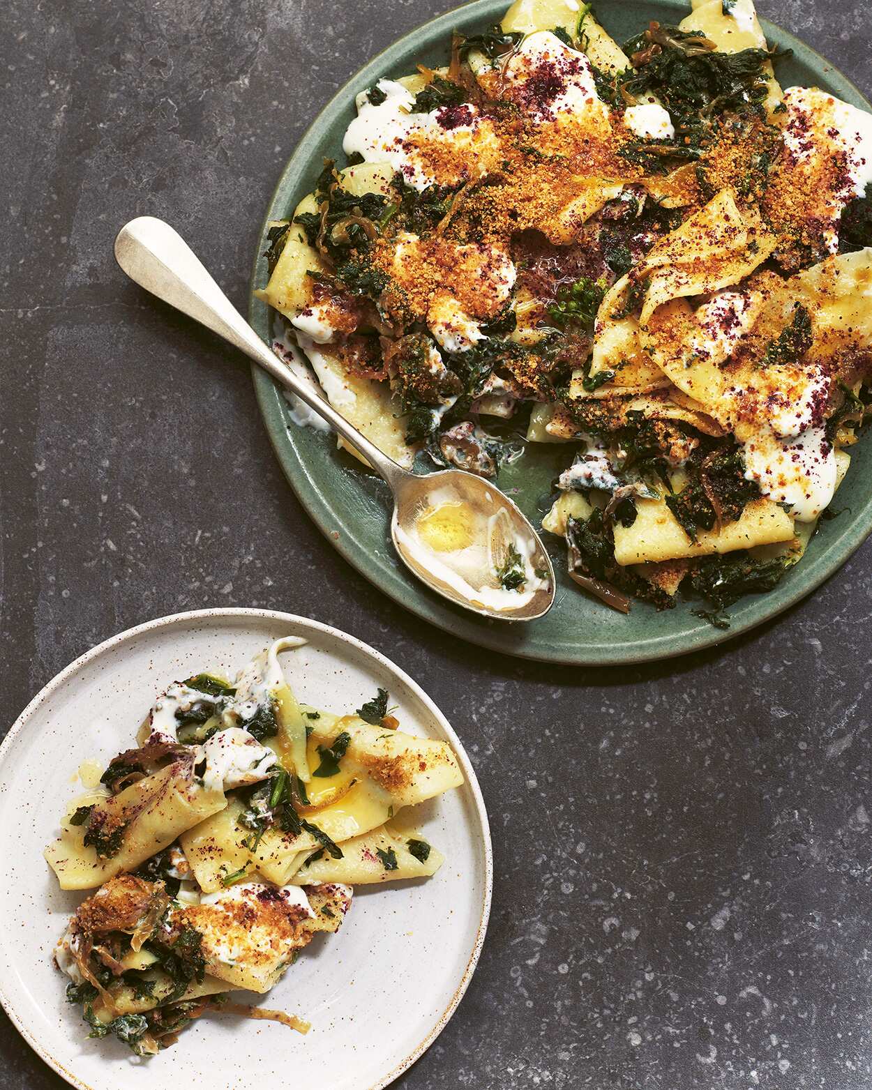 Dark greens and noodles with yogurt