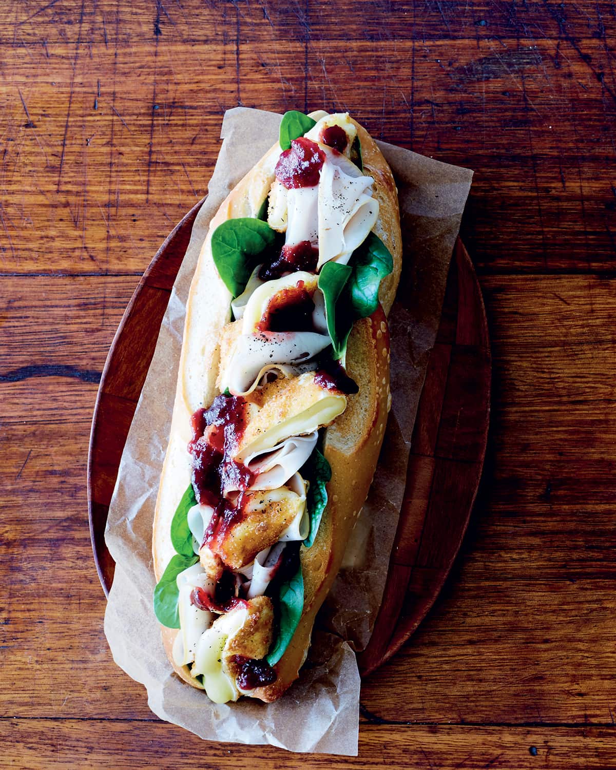 Deep-fried brie and turkey baguette