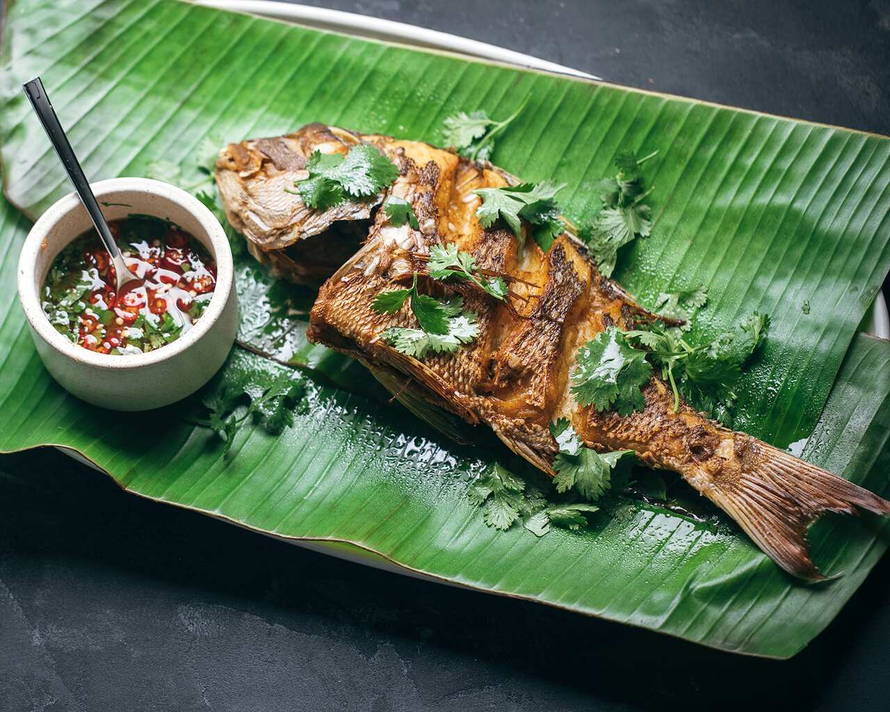 Deep-fried whole snapper with Thai seafood sauce