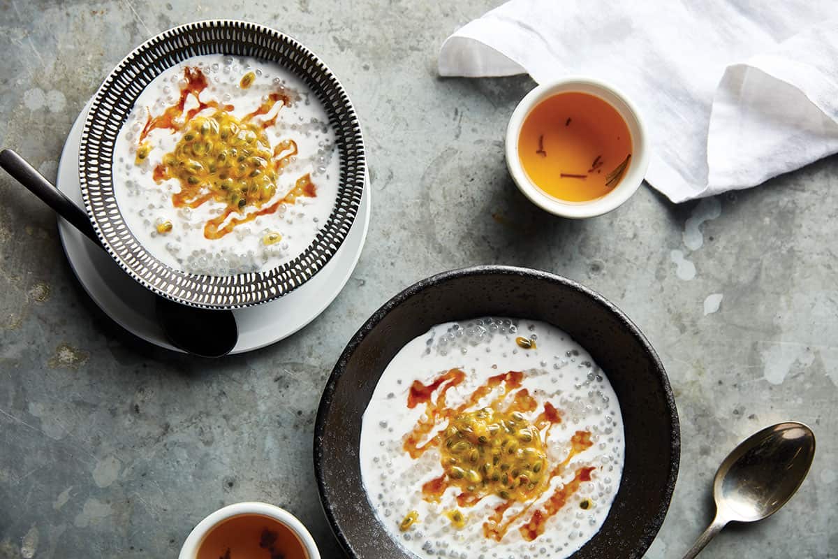 Coconut sago pudding with passionfruit