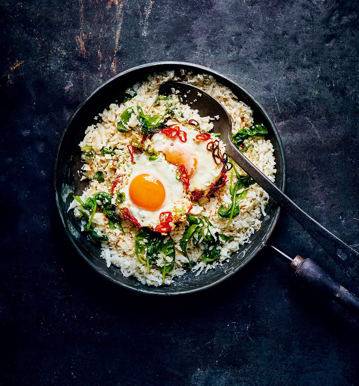 Cauliflower rice bowls with crispy chilli eggs