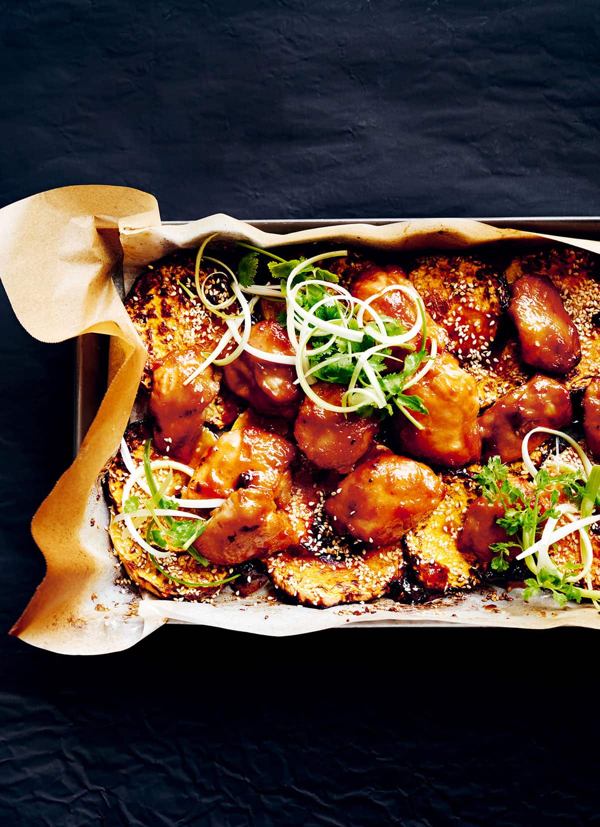 sticky miso chicken roasted on sesame pumpkin