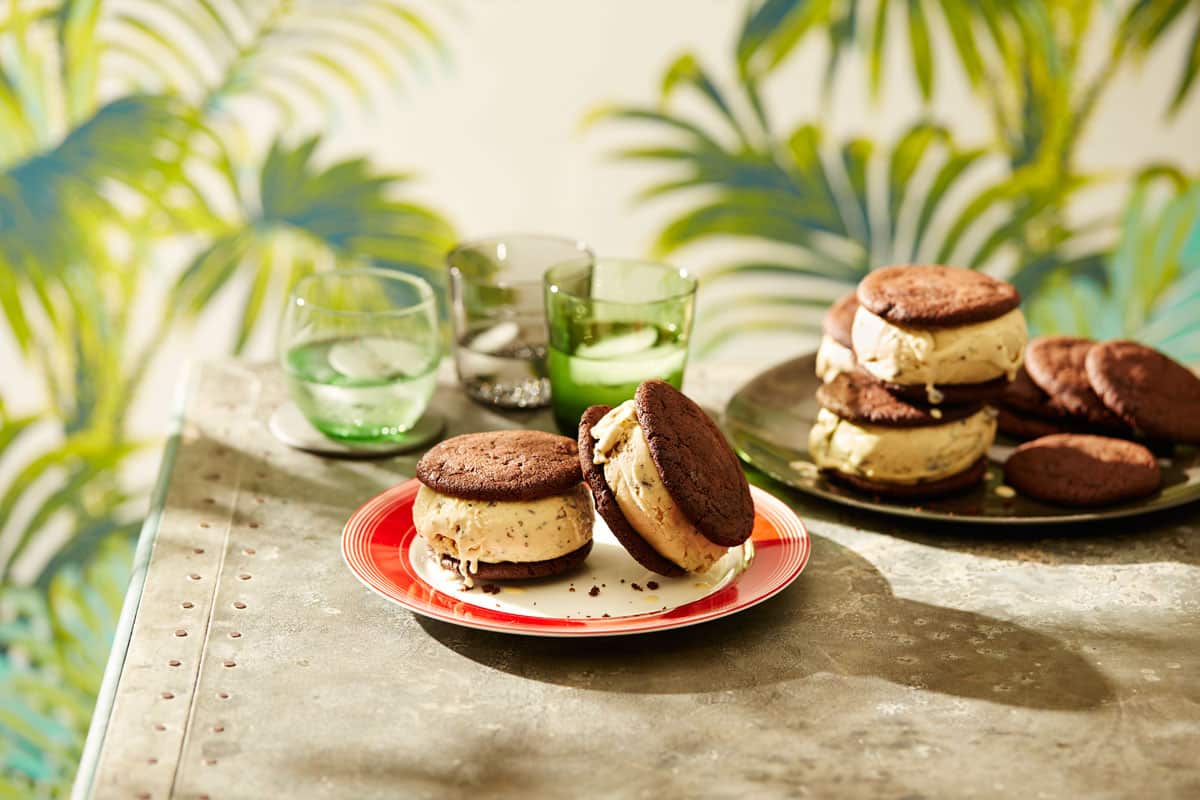 Double chocolate and dirty mint ice-cream sandwiches