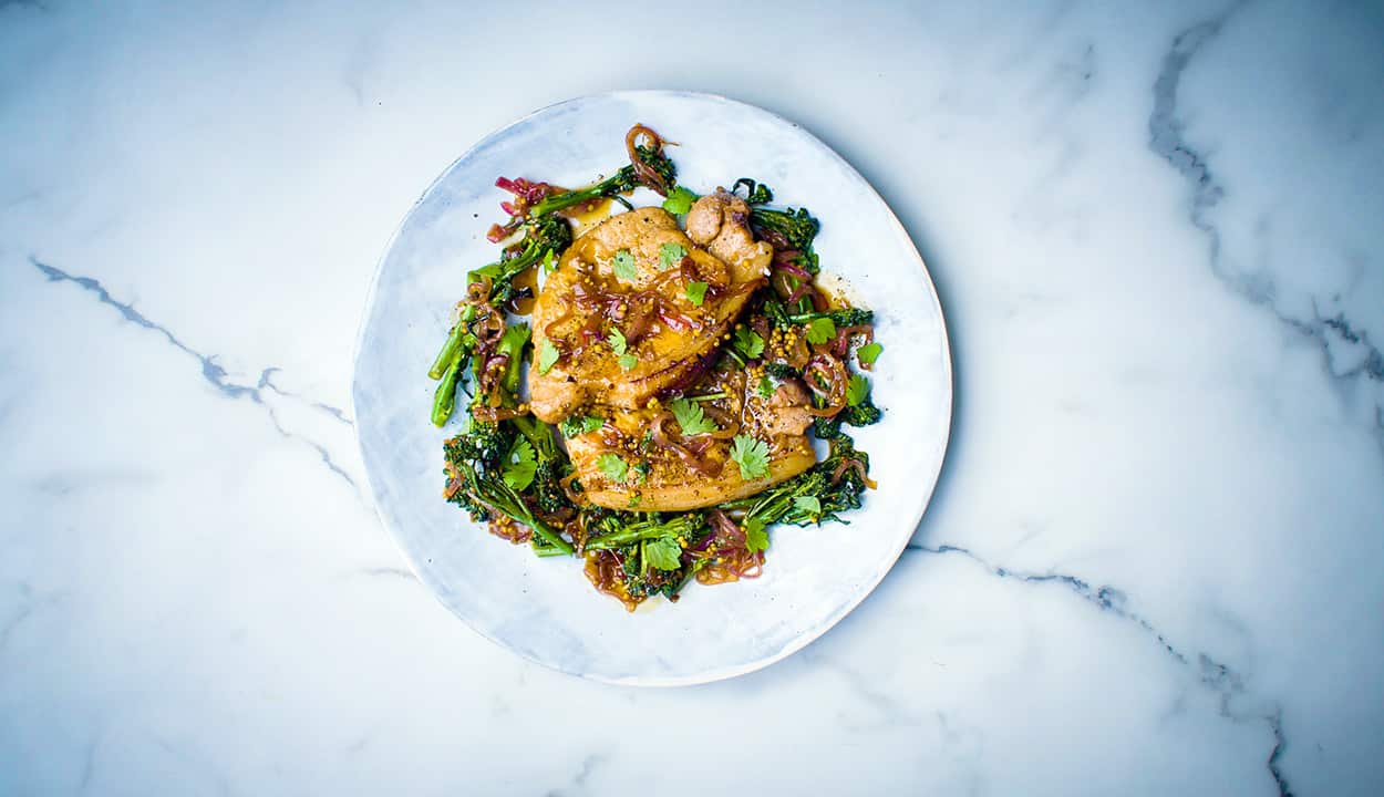 Sticky maple apple pork with broccolini 