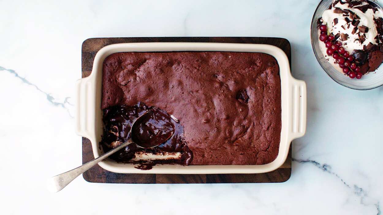 Chocolate and cherry lava cake with cardamom whipped cream