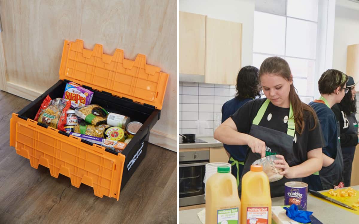 Donated food and Sara, now a graduate of a Youth Projects training scheme, takes part in a cooking class. 