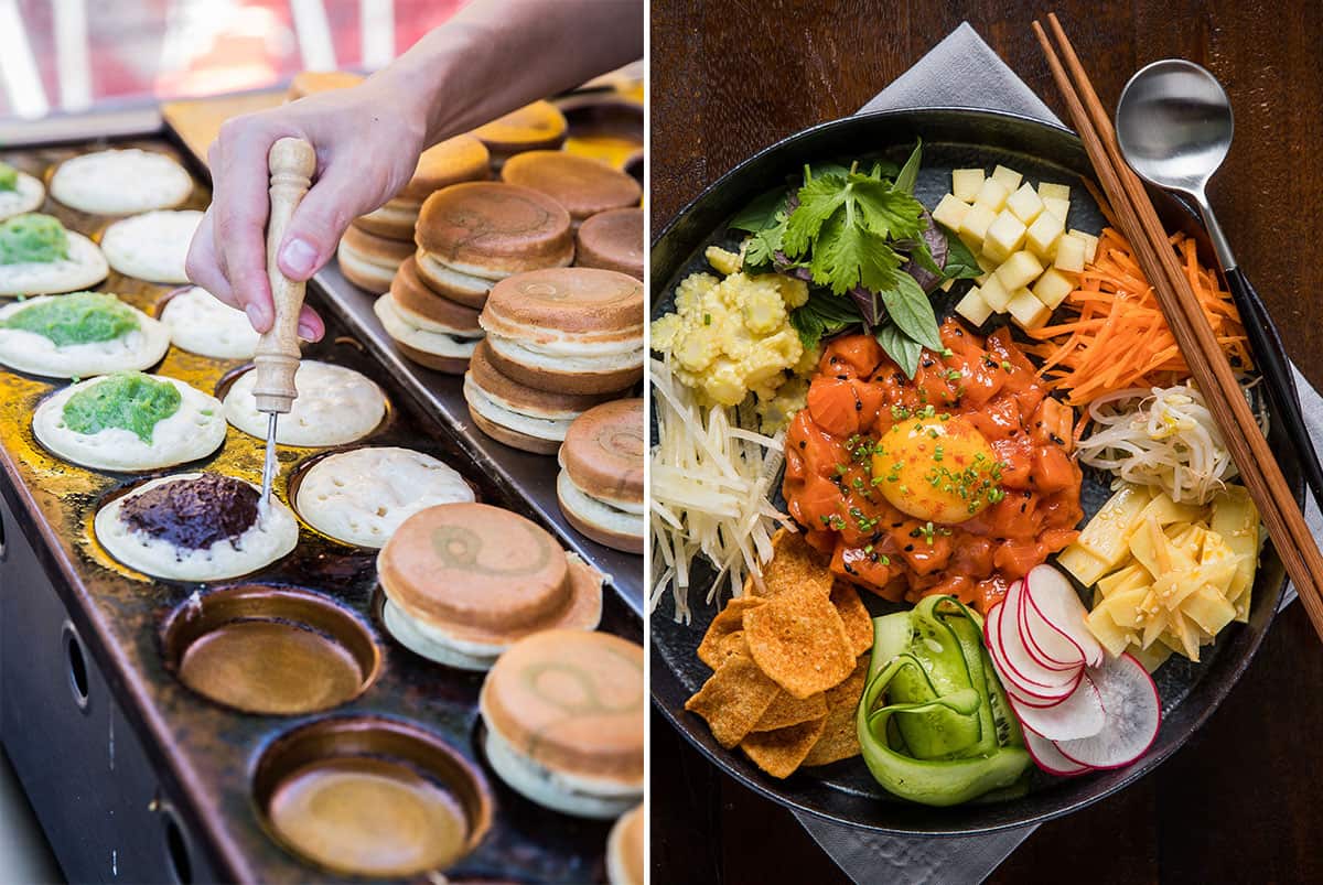 Dorayaki to the left and yee sang (prosperity toss) to the right.