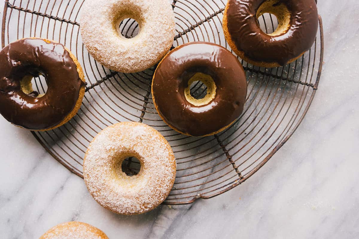 Mocha-glazed baked doughnuts