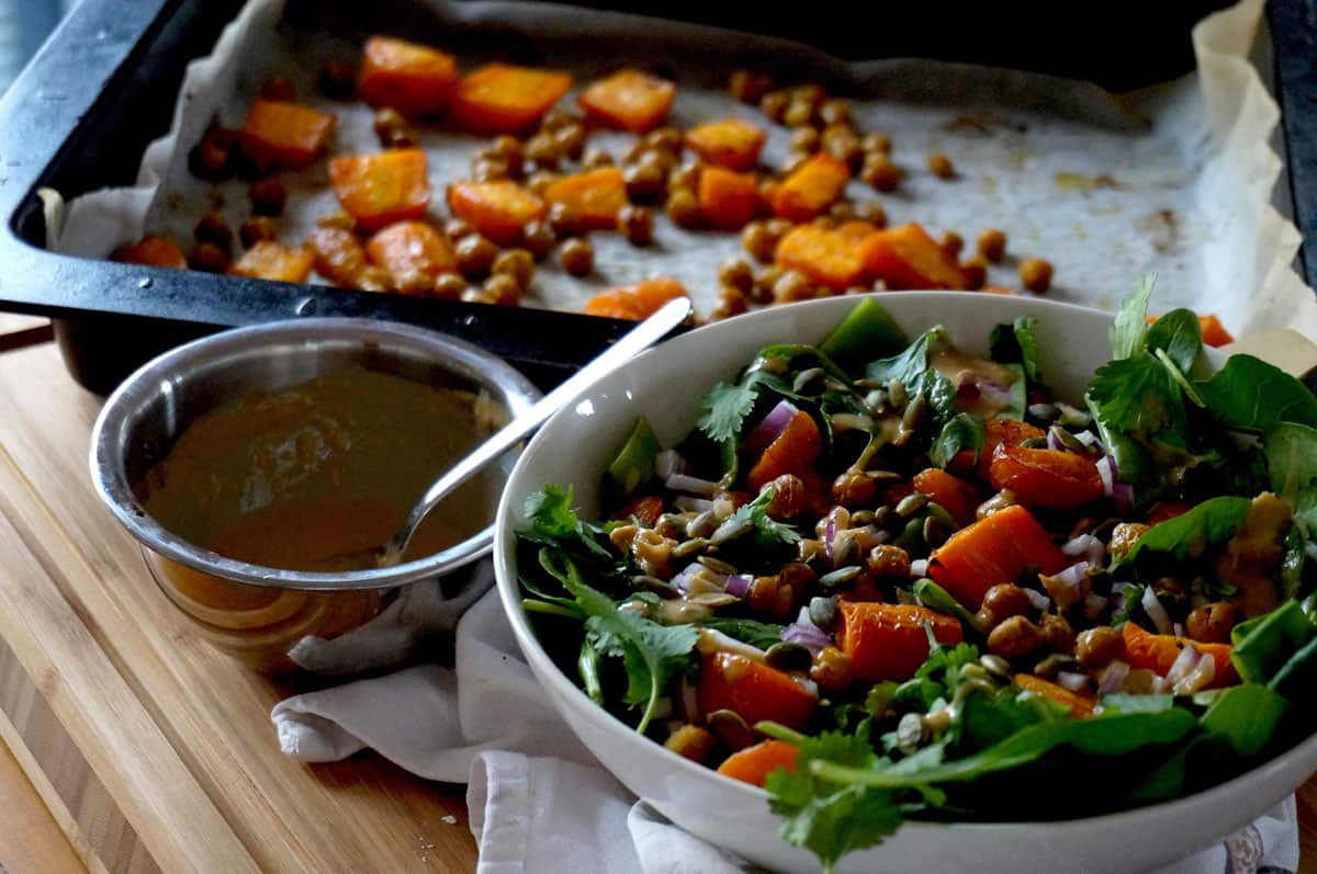Roasted chickpea and carrot salad with miso tahini dressing