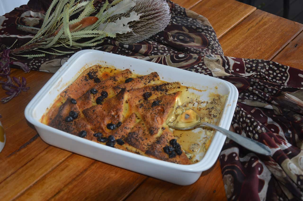 Wattleseed bread and butter pudding