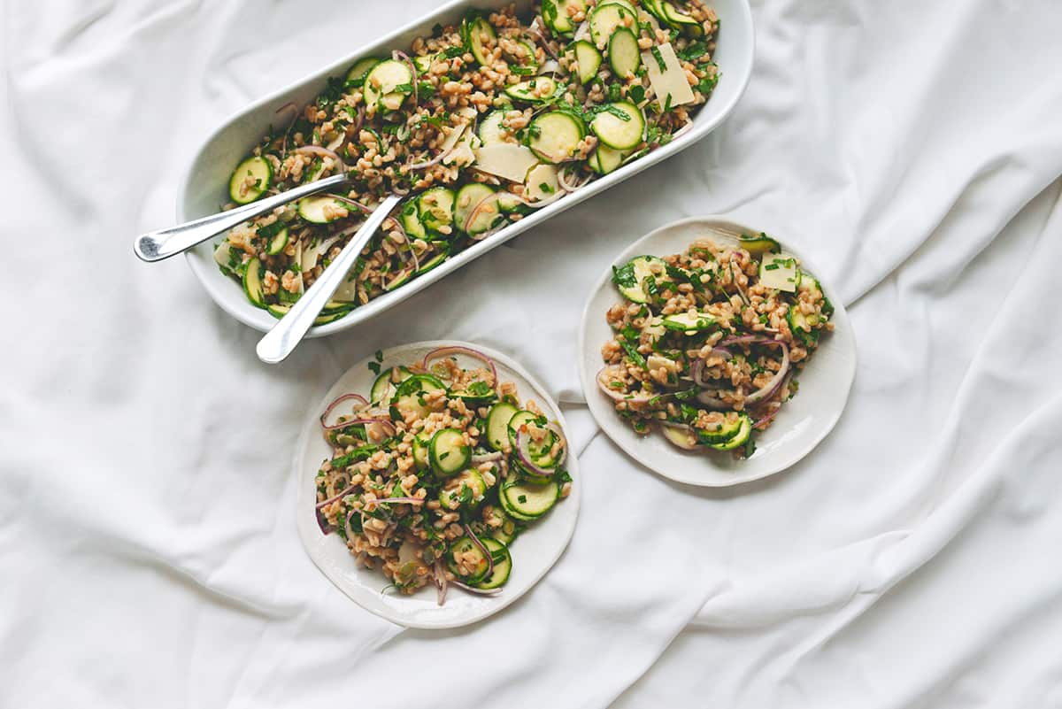 Green garlic and farro salad with marinated zucchini