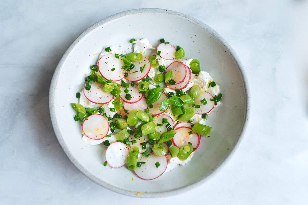 Radish, snap pea and burrata salad