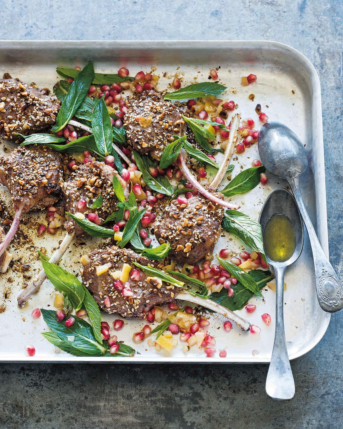 Dukkah lamb cutlets with mint and pomegranate salad