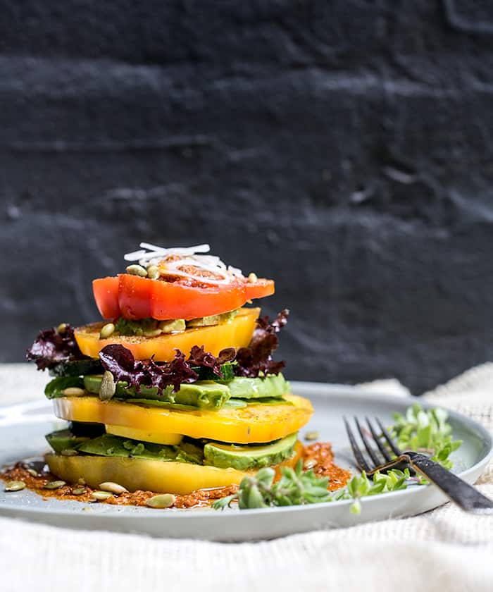 Heirloom tomato, avocado and zucchini stacks