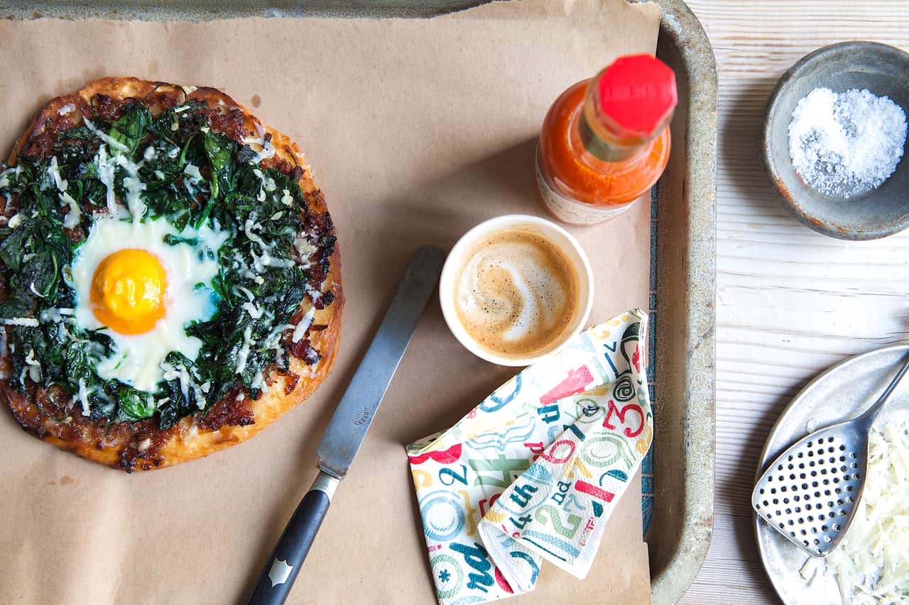 Egg and bacon jam breakfast pizzas