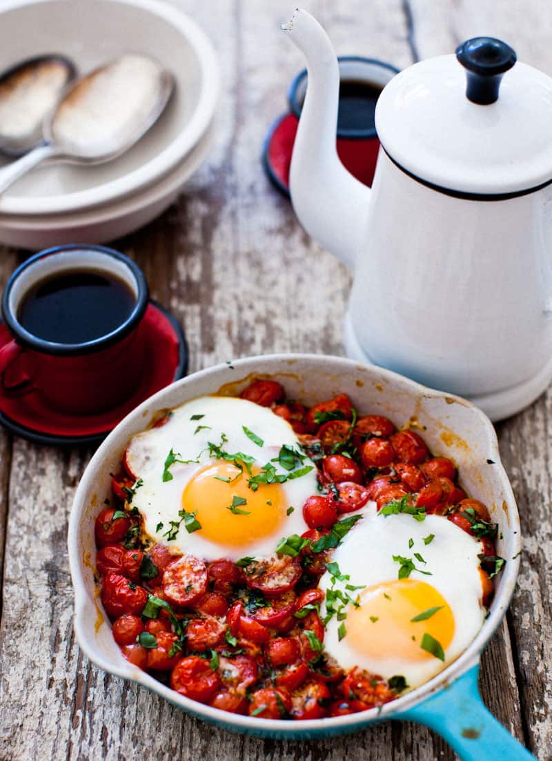 Baked eggs on a bed of roasted cherry tomatoes