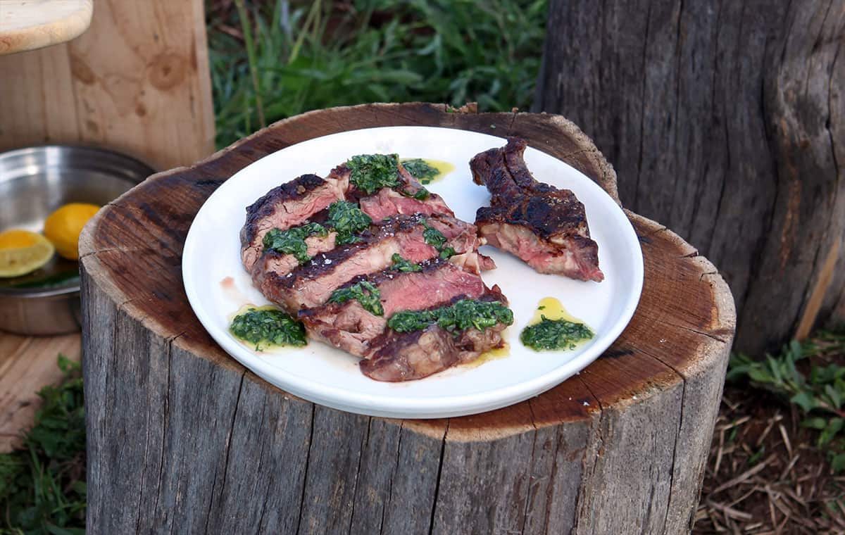 Barbecued rib-eye with chimichurri