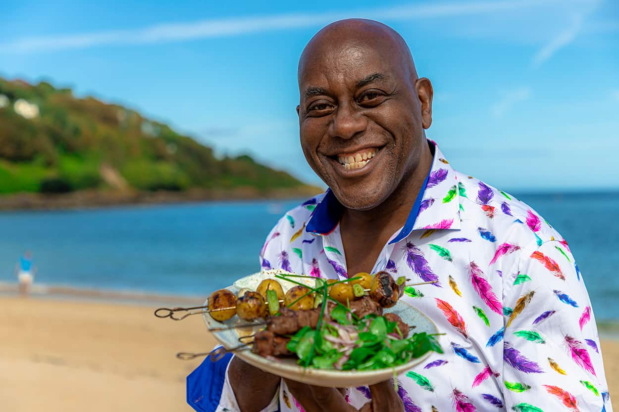 Ainsley Harriot with beef and potato kebabs