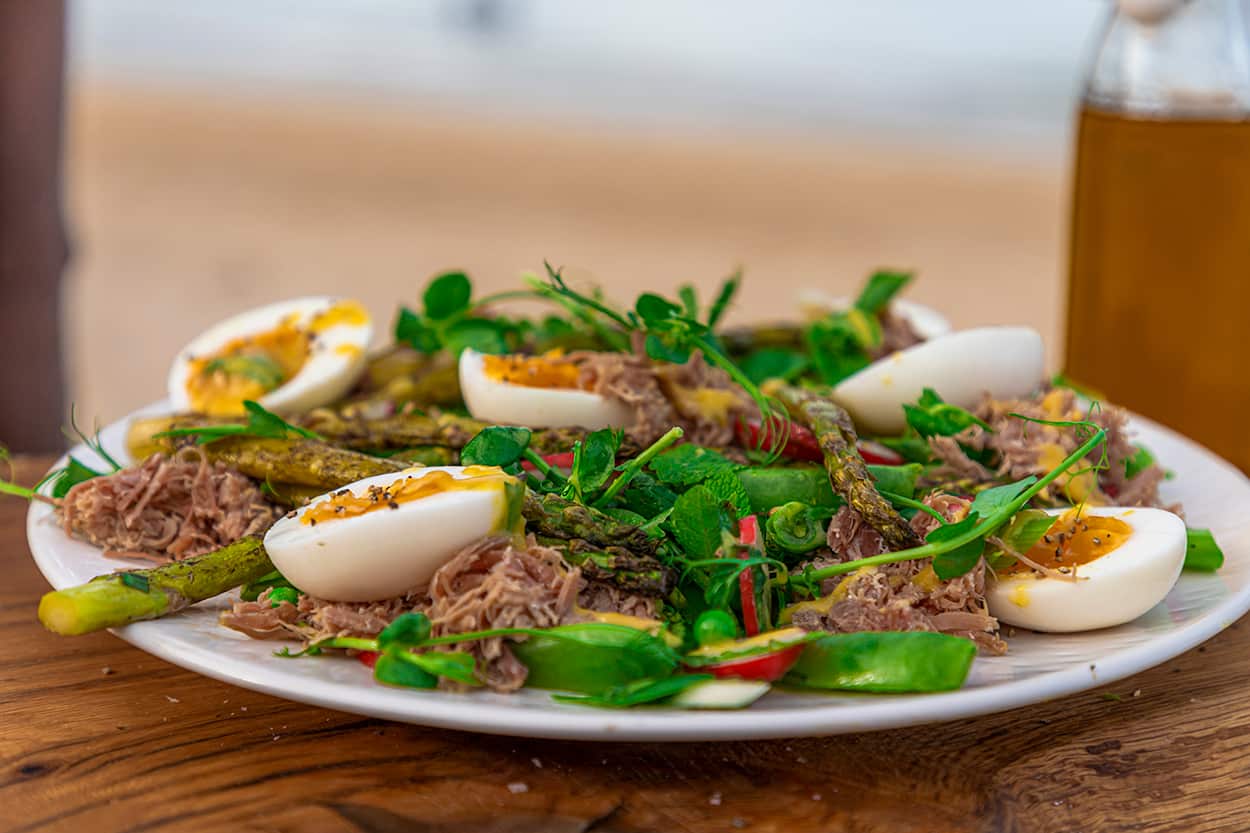 grilled asparagus with ham hock and pleasing pea salad