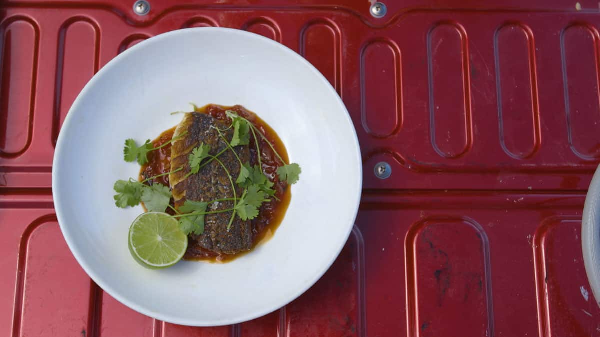Crispy-skinned Butterfish with quandong jam