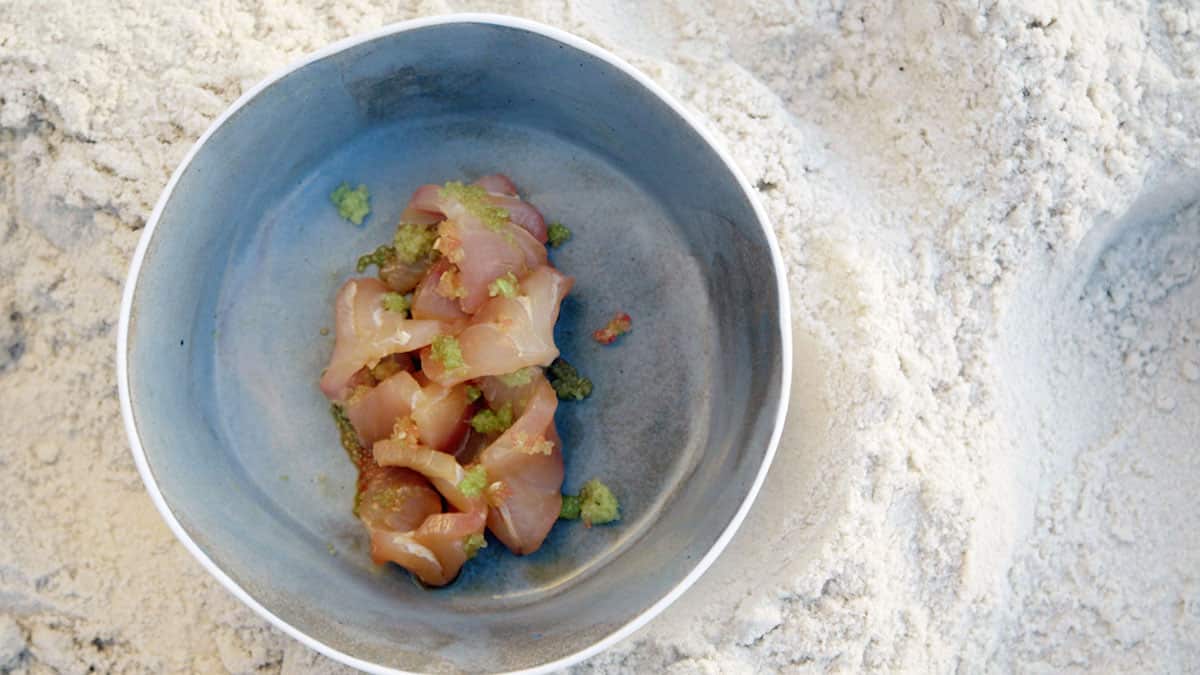 Goldband snapper sashimi with soy, rice wine vinegar & finger limes