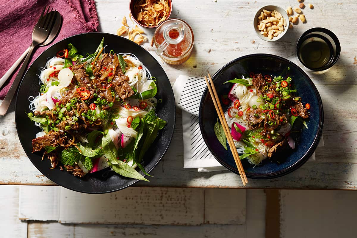 Stir-fried lemongrass beef with warm vermicelli noodle salad